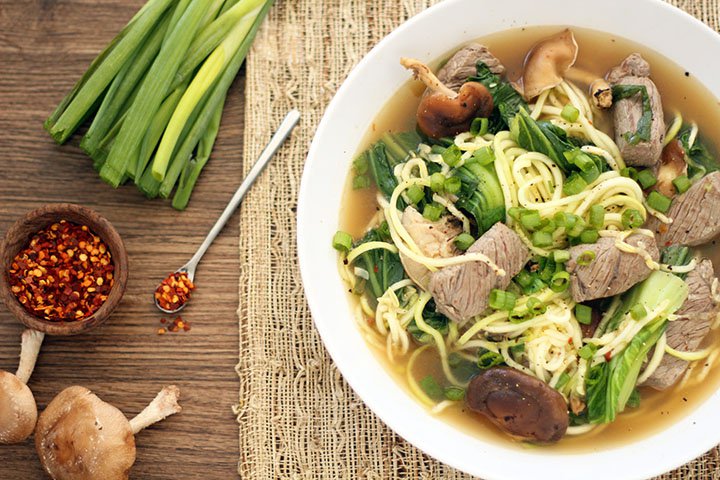 Beef Noodle Soup with Shitake Mushrooms and Baby Bok Choy 